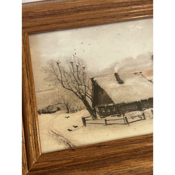 Vintage Oak Wood Frame with Winter Cabin Landscape Print Trees Snow Holiday - Picture 2 of 8